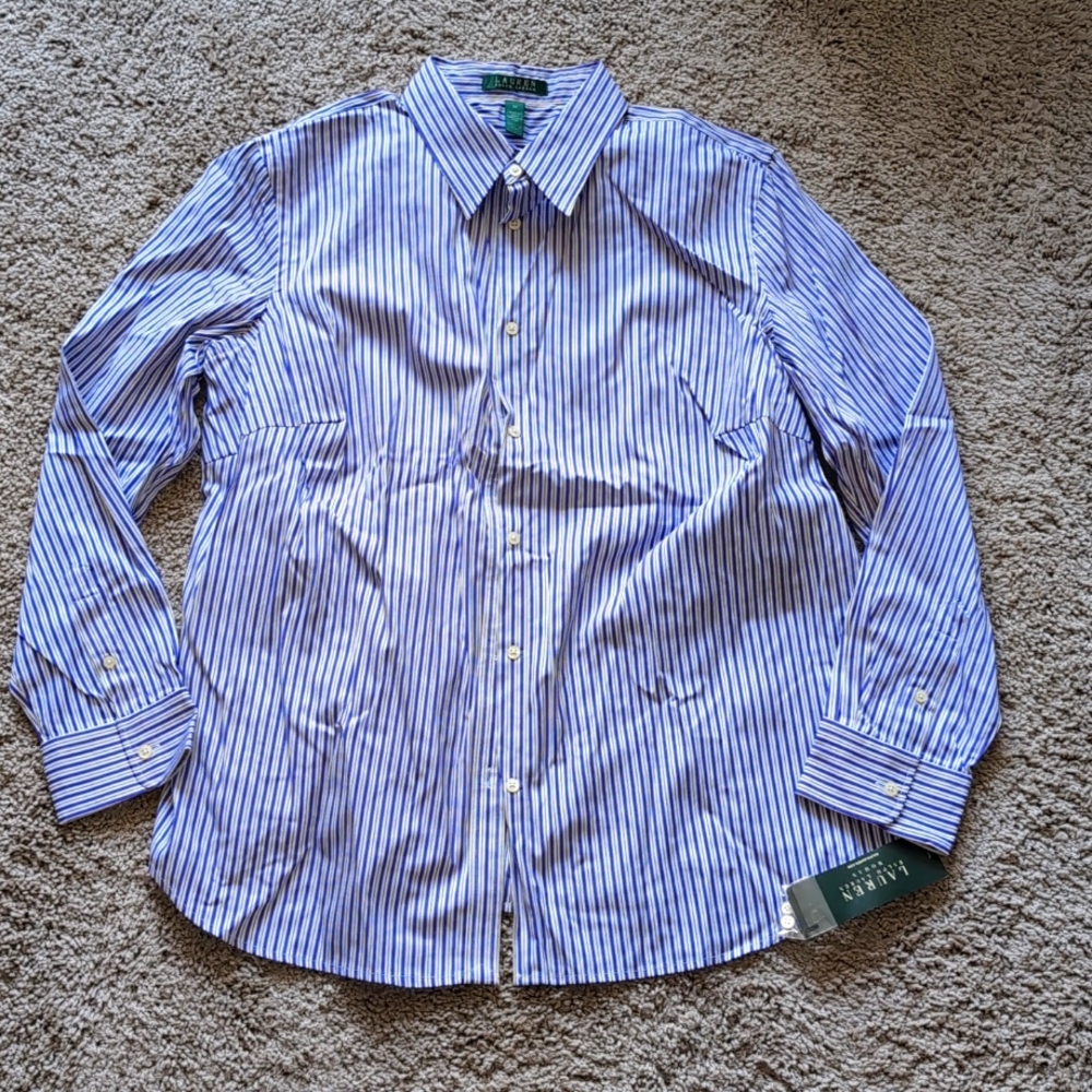 Lauren Ralph Lauren Blue and White Striped Button-Down Shirt